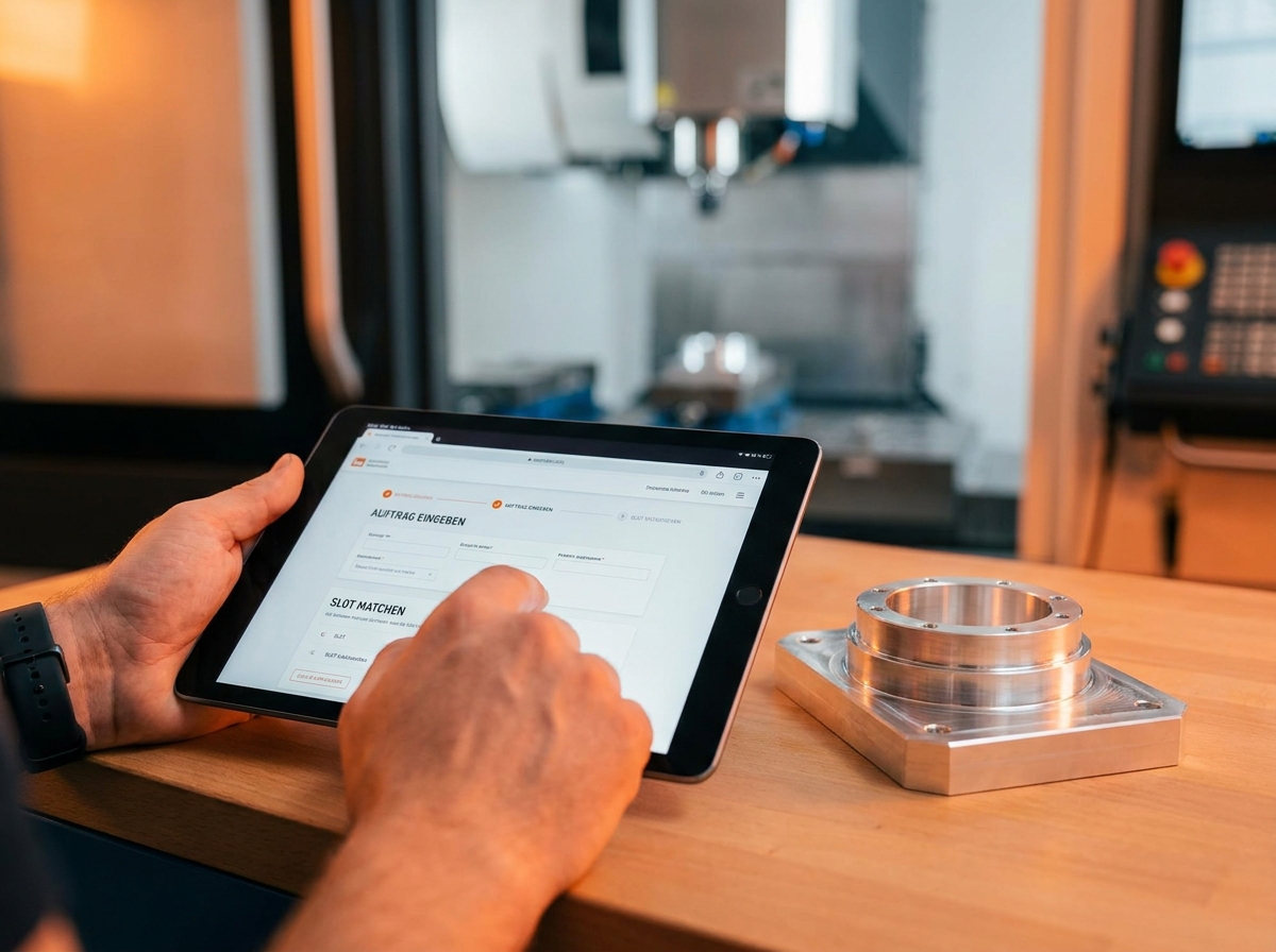 Auftrag per Tablet eingeben neben fertigem Bauteil