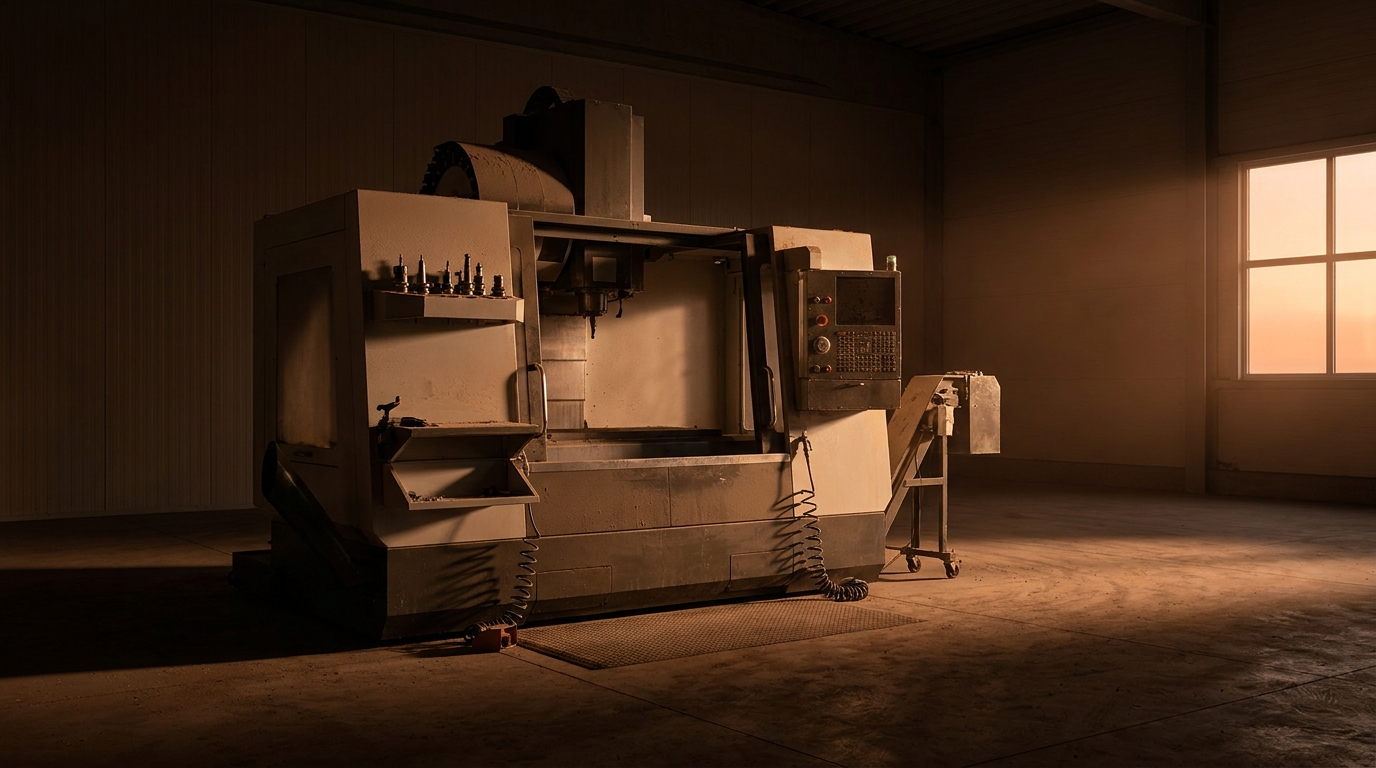 Stillstehende CNC-Maschine in leerer Halle