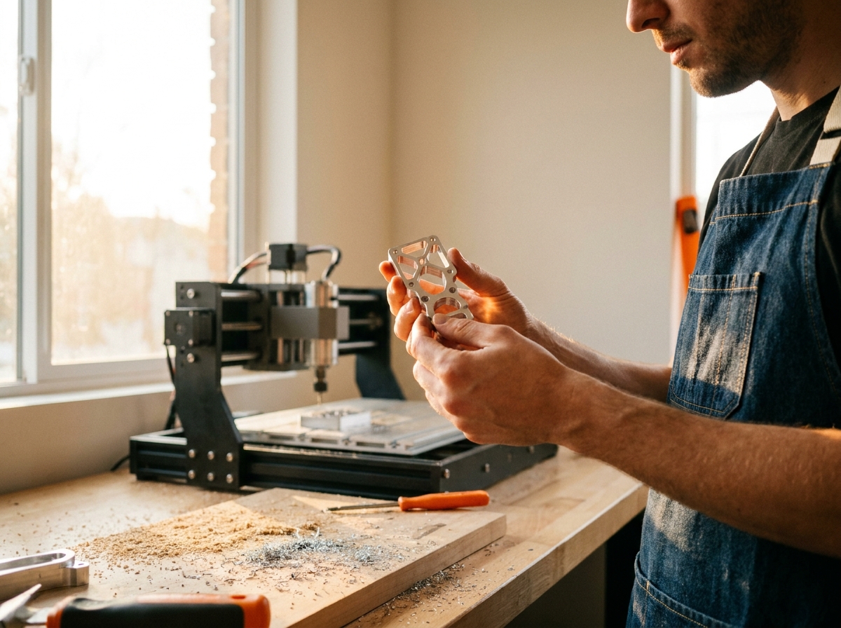 Maker betrachtet ein fertig gefrästes Bauteil in der Werkstatt